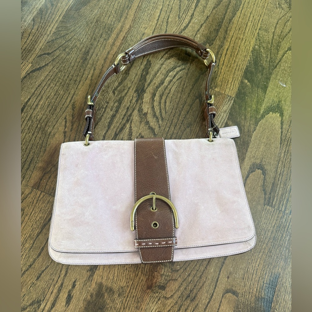 Vintage Coach Pink Suede Shoulder Bag with Brown Leather Strap